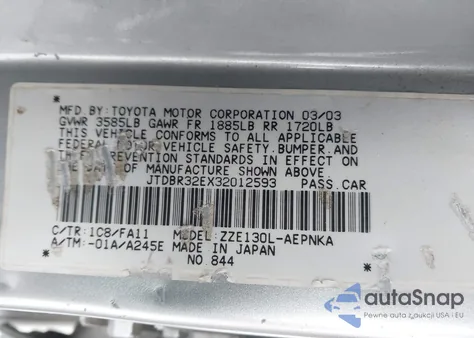 2003 Toyota Corolla Le z USA, uszkodzony, nr VIN JTDBR32EX32012593